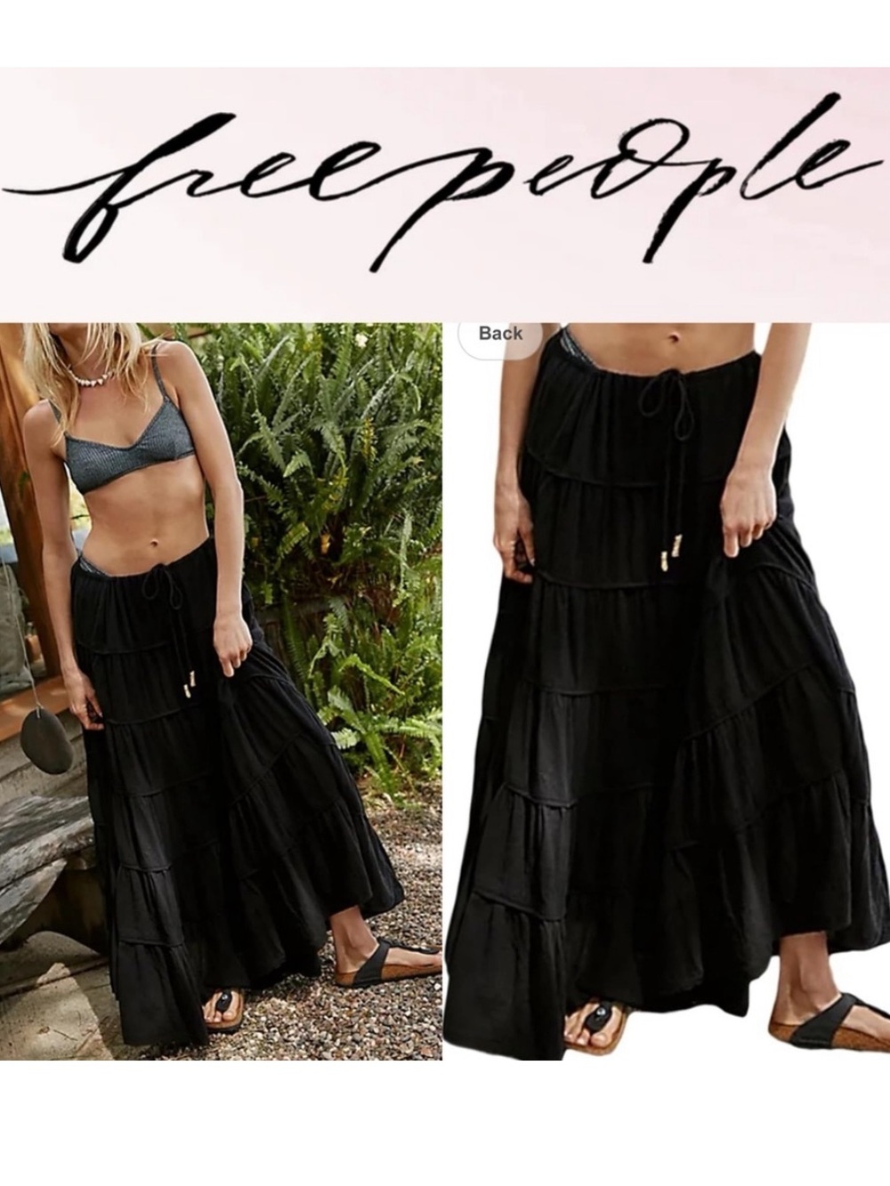 Free People Black Tiered Drawstring Maxi Skirt
